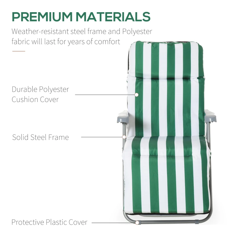 Outsunny Set of 2 Garden Sun Lounger, Outdoor Reclining Seat Cushioned Seat, Foldable Adjustable Recliner, White and Green