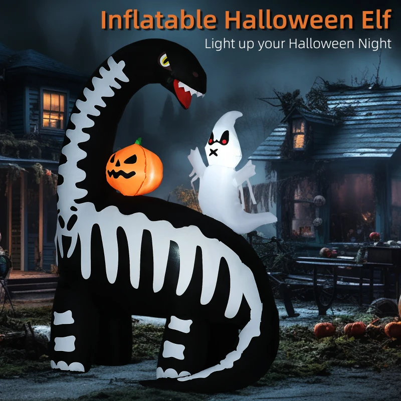 HOMCOM 6FT Halloween Inflatable Dinosaur with Ghost and Pumpkin LED Lights