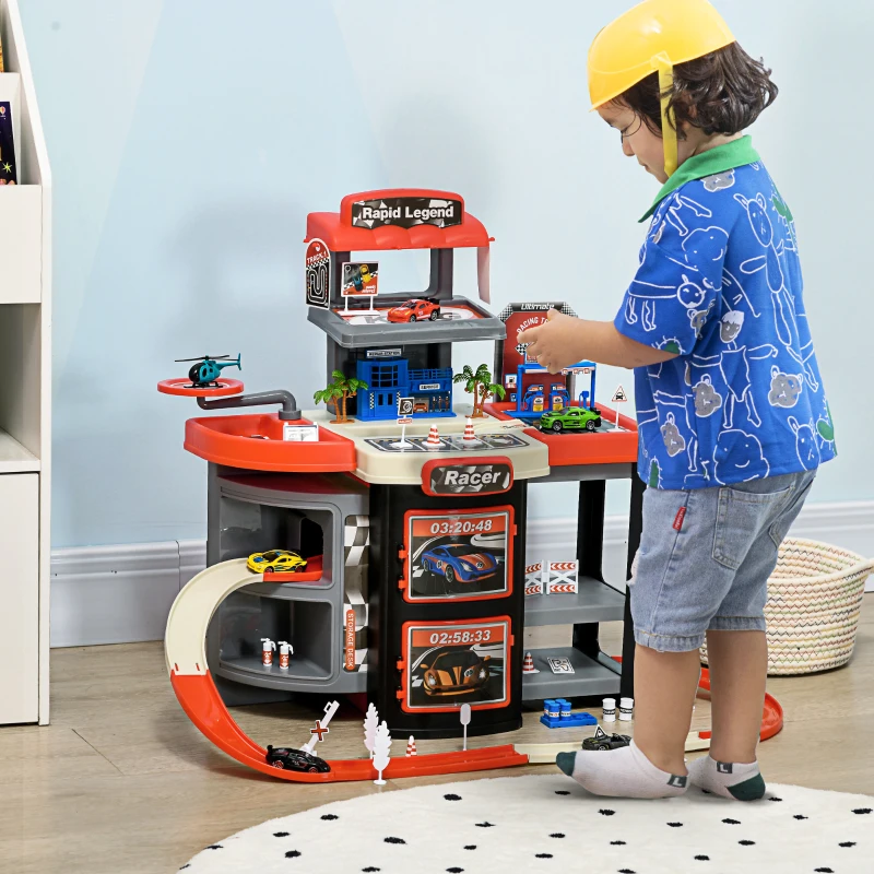 Qaba City Garage Playset with 65 Accessories, 2 in 1 Design Children Trolley, Car Ramp Toy Set with 6 Mini Racer Cars, Gifts for Kids Ages 3-6 Years Old
