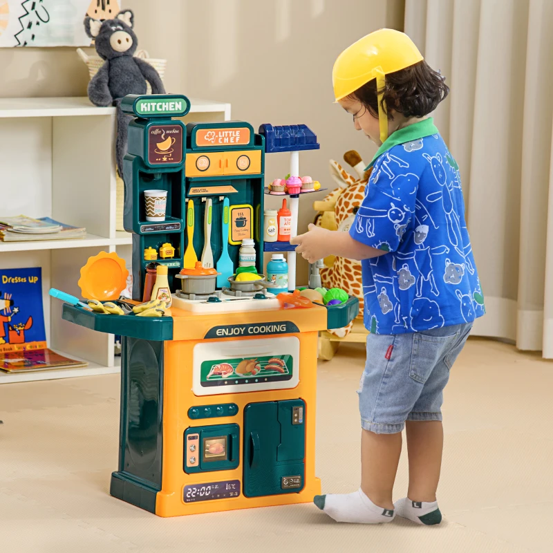 Qaba Toy Kitchen, 77 Pieces Kids Play Kitchen Role Playing Game with Sound and Light, Water Spray, Running Water