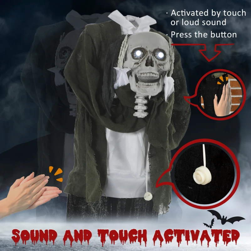 Outsunny 57" Life Size Outdoor Halloween Decorations Hanging Talking Skeleton Ghost, Animated Prop Animatronic Decor with Sound and Motion Activated, Light Up Eyes, Laughter