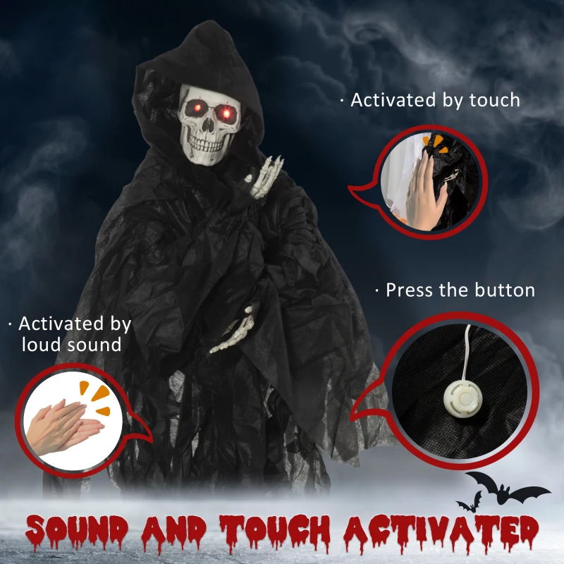 Outsunny 45" Outdoor Halloween Decorations Hanging Grim Reaper in Black Robe, Festival Animated Prop Décor with Sound and Motion Activated, Light Up Eyes