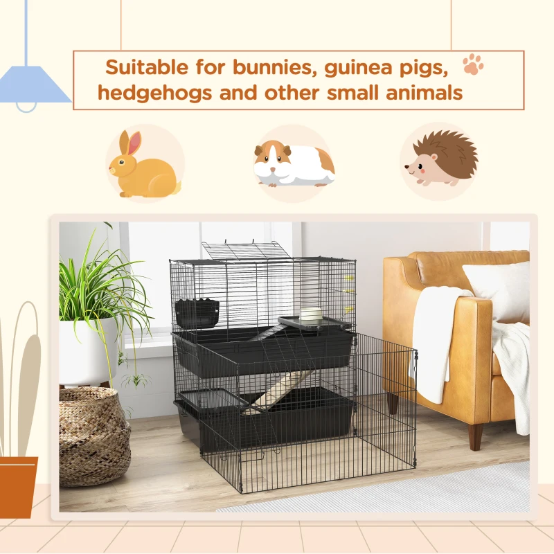PawHut Small Animal Cage with Playpen, Multi-level Pet Habitat Indoor for Guinea Pigs Hedgehogs Bunnies with Accessories, Water Bottle, Food Dish, Feeding Trough