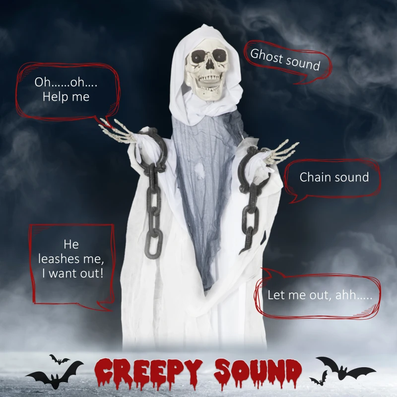 Outsunny 60" Life Size Outdoor Halloween Decorations Hanging Grim Reaper in White Robe, Animated Prop with Sound and Motion Activated Light Up Eyes, Howling and Chain Sound