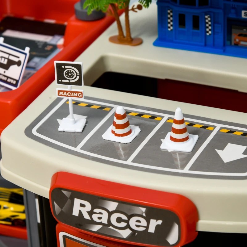 Qaba City Garage Playset with 65 Accessories, 2 in 1 Design Children Trolley, Car Ramp Toy Set with 6 Mini Racer Cars, Gifts for Kids Ages 3-6 Years Old