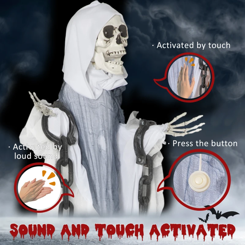 Outsunny 60" Life Size Outdoor Halloween Decorations Hanging Grim Reaper in White Robe, Animated Prop with Sound and Motion Activated Light Up Eyes, Howling and Chain Sound