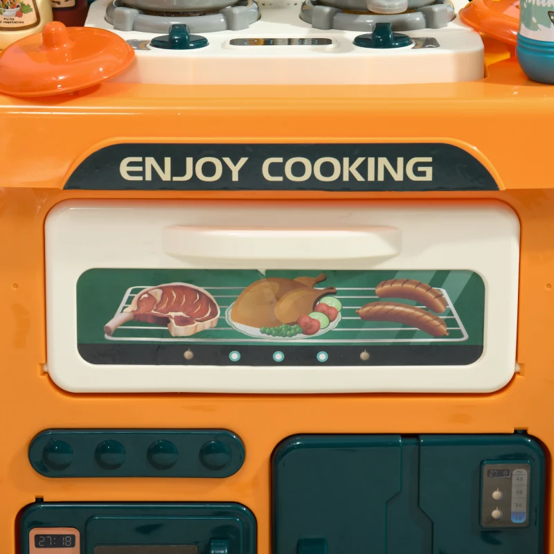 Qaba Toy Kitchen, 77 Pieces Kids Play Kitchen Role Playing Game with Sound and Light, Water Spray, Running Water