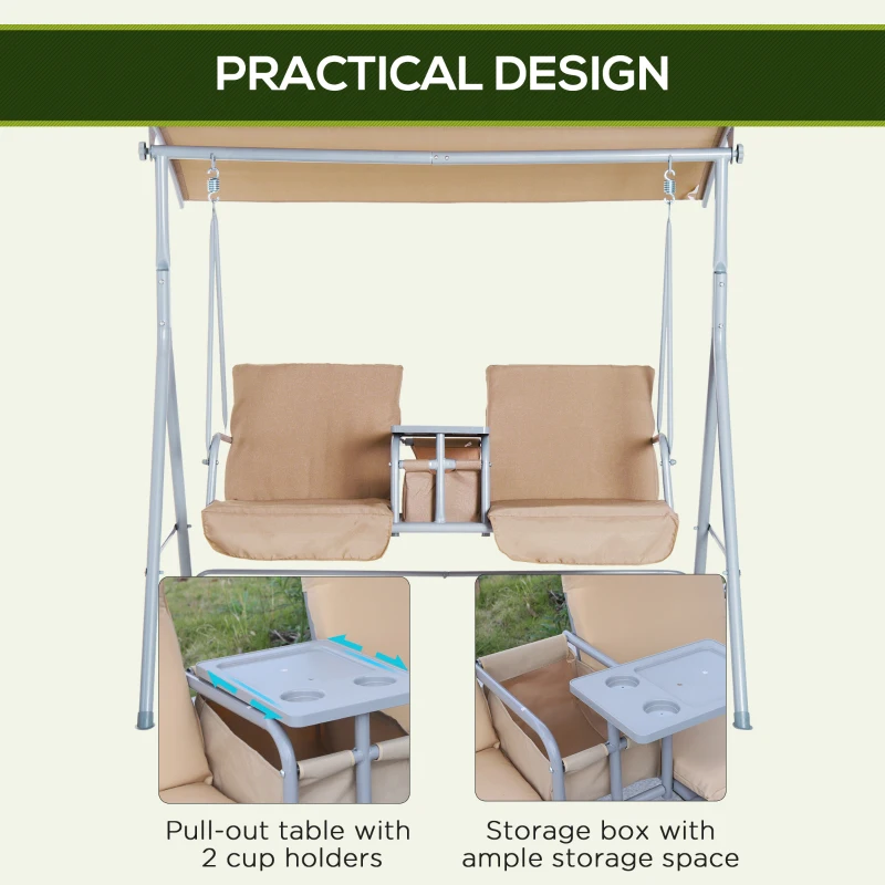 Outsunny 2-Seater Outdoor Porch Swing with Canopy and Table, Patio Swing Chair for Garden, Poolside, Backyard, Beige