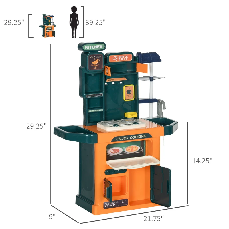 Qaba Toy Kitchen, 77 Pieces Kids Play Kitchen Role Playing Game with Sound and Light, Water Spray, Running Water