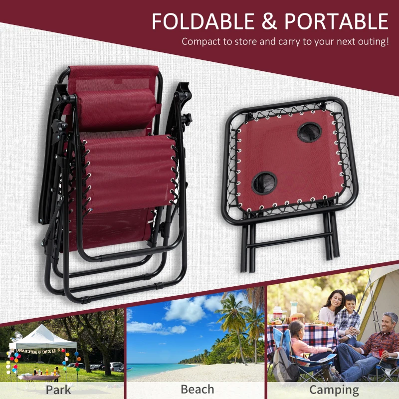 Outsunny Zero Gravity Chair Set with Side Table, Folding Reclining Chair with Cupholders & Pillows, Adjustable Lounge Chairs for Pool, Backyard, Lawn, Beach, Wine Red