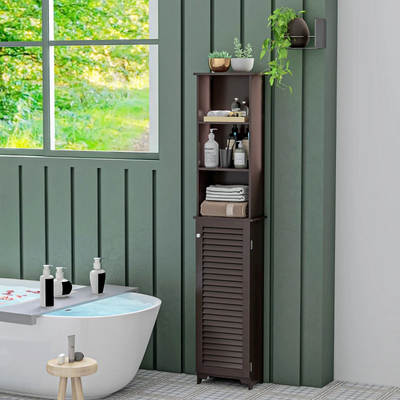 HOMCOM Tall Bathroom Storage Cabinet, Freestanding Linen Tower with 3-Tier Open Adjustable Shelf, Dark Brown