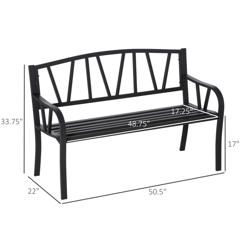 Outsunny 50" Outdoor Bench, Metal Garden Bench with V-Shaped Pattern Backrest, Porch Bench with Slatted Seat for Park, Yard, Lawn, Black