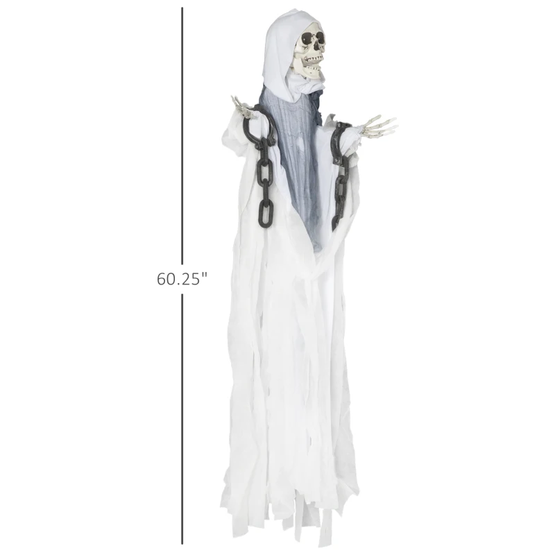 Outsunny 60" Life Size Outdoor Halloween Decorations Hanging Grim Reaper in White Robe, Animated Prop with Sound and Motion Activated Light Up Eyes, Howling and Chain Sound