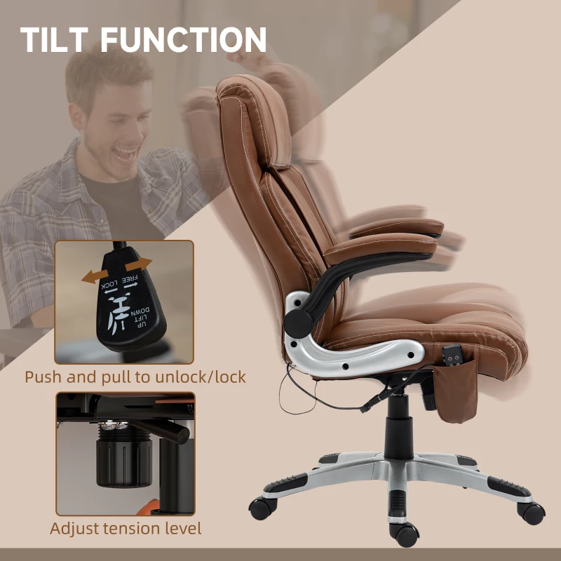 Vinsetto Executive Massage Office Chair with 6 Vibration Points, Heated Faux Leather Computer Desk Chair with Flip-up Armrest, Adjustable Height, Swivel Wheel, Brown