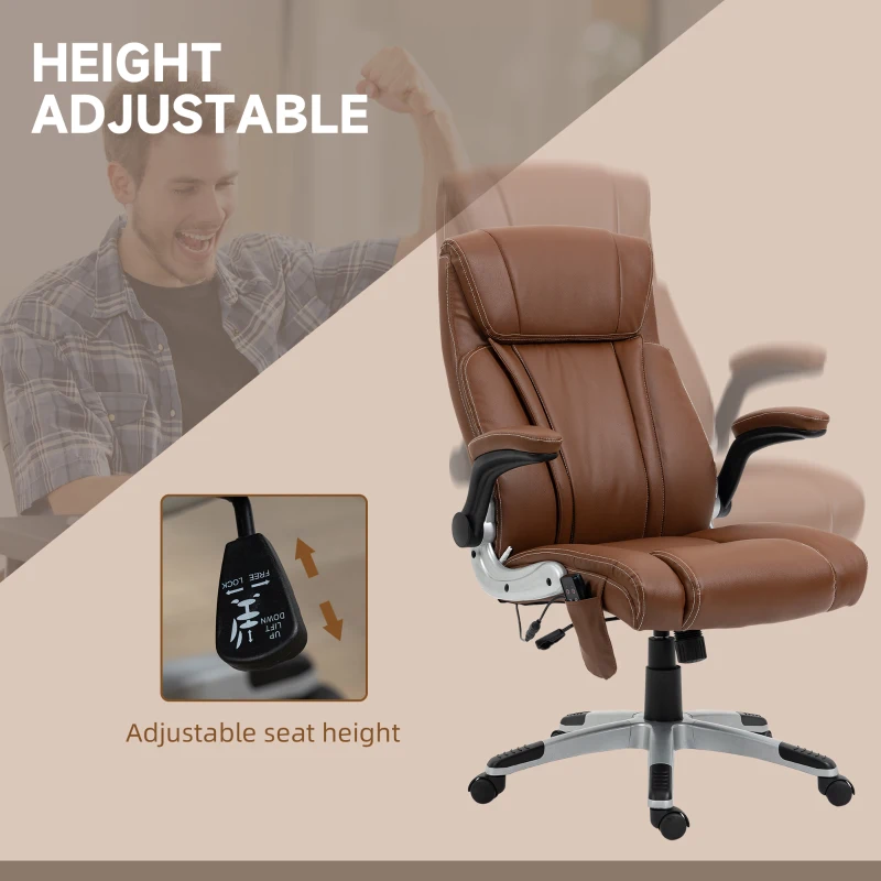 Vinsetto Executive Massage Office Chair with 6 Vibration Points, Heated Faux Leather Computer Desk Chair with Flip-up Armrest, Adjustable Height, Swivel Wheel, Brown