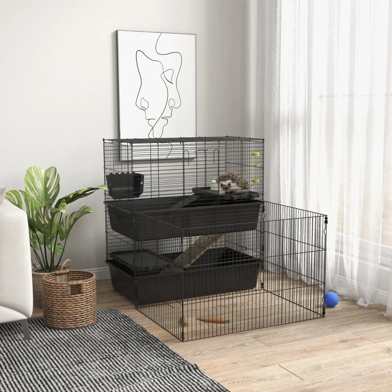 PawHut Small Animal Cage with Playpen, Multi-level Pet Habitat Indoor for Guinea Pigs Hedgehogs Bunnies with Accessories, Water Bottle, Food Dish, Feeding Trough