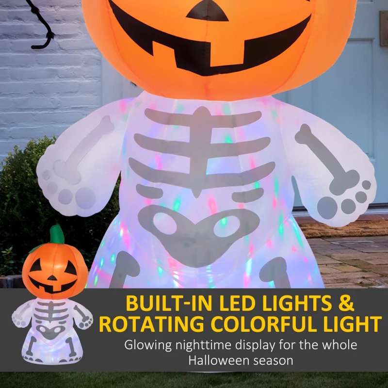 HOMCOM 6ft Halloween Inflatables Outdoor Decorations, Smiling Skeleton Ghost with Pumpkin Head, Blow Up LED Yard Decor for Garden, Lawn, Party, Holiday, Waterproof