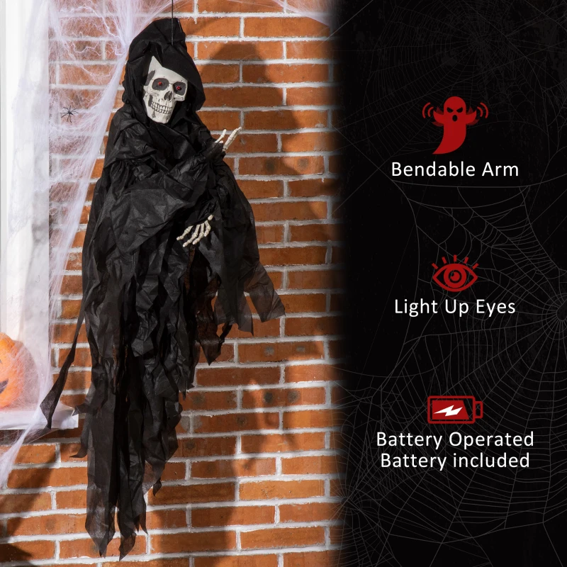 Outsunny 45" Outdoor Halloween Decorations Hanging Grim Reaper in Black Robe, Festival Animated Prop Décor with Sound and Motion Activated, Light Up Eyes
