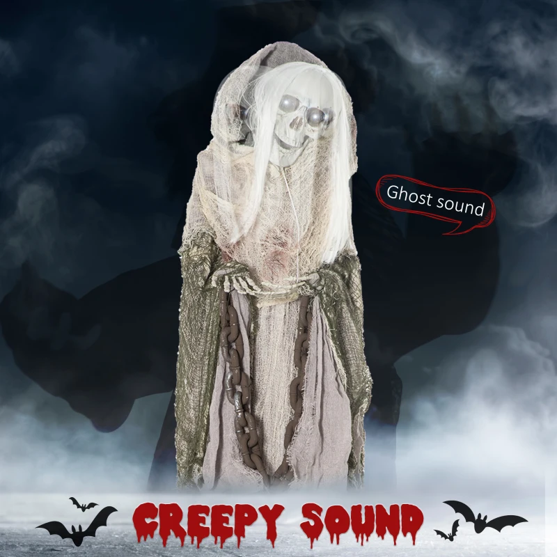 Outsunny 74" Life Size Outdoor Halloween Decorations Skeleton Witch, Sound and Motion Activated Animated Prop Animatronic decor with Light Up Eyes, Sound