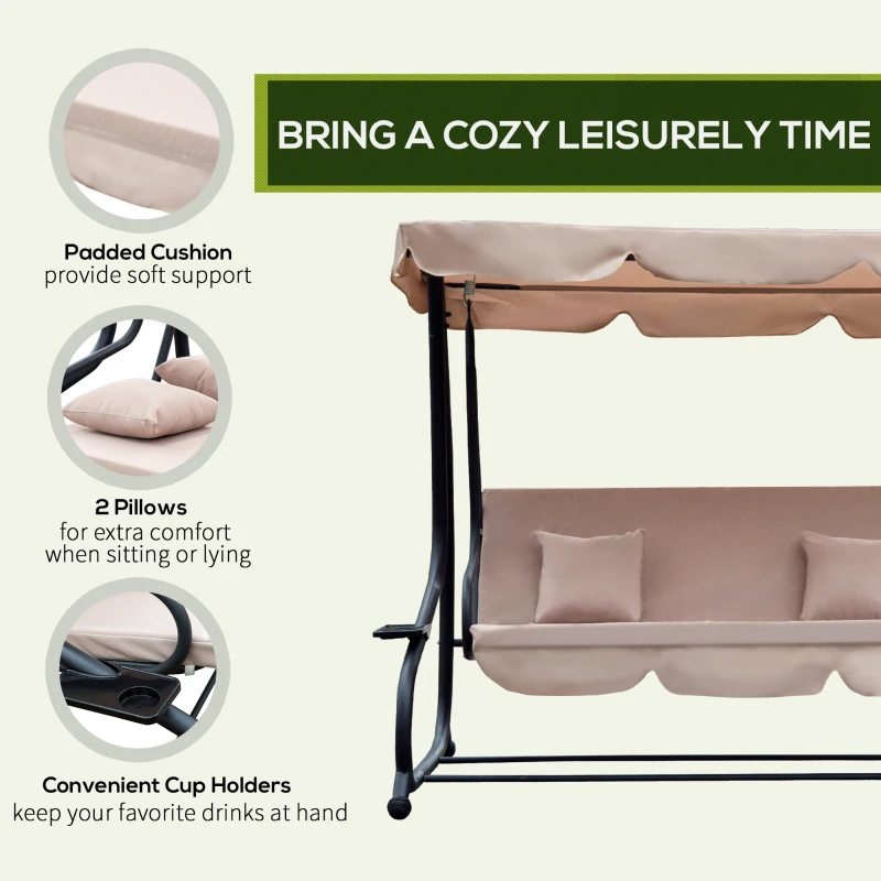 Outsunny 3-Seat Outdoor Patio Swing Chair, Converting Flatbed, Outdoor Swing Glider with Adjustable Canopy, Removable Cushion and Pillows, for Porch, Garden, Poolside, Backyard, Light Brown
