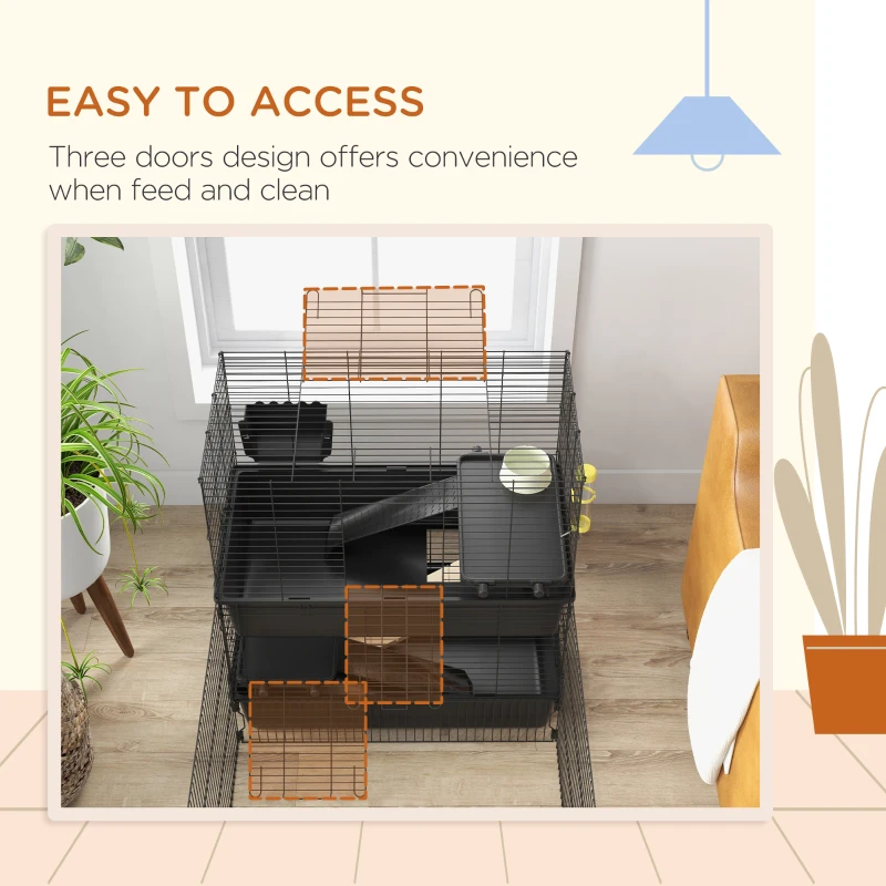 PawHut Small Animal Cage with Playpen, Multi-level Pet Habitat Indoor for Guinea Pigs Hedgehogs Bunnies with Accessories, Water Bottle, Food Dish, Feeding Trough