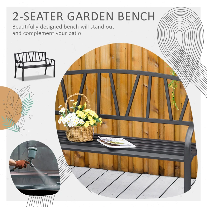 Outsunny 50" Outdoor Bench, Metal Garden Bench with V-Shaped Pattern Backrest, Porch Bench with Slatted Seat for Park, Yard, Lawn, Black