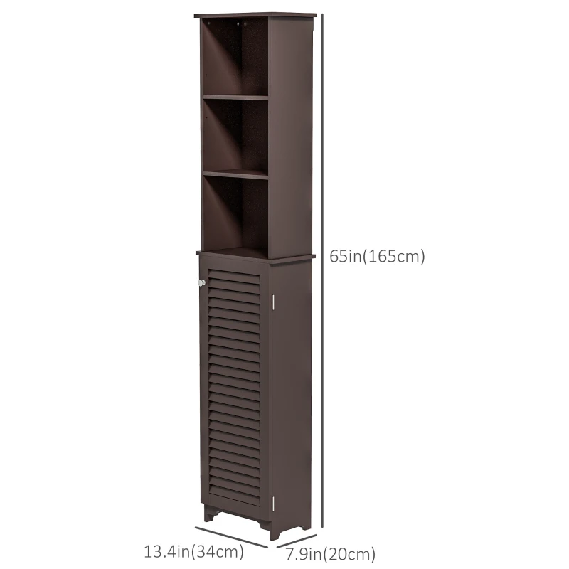 HOMCOM Tall Bathroom Storage Cabinet, Freestanding Linen Tower with 3-Tier Open Adjustable Shelf, Dark Brown