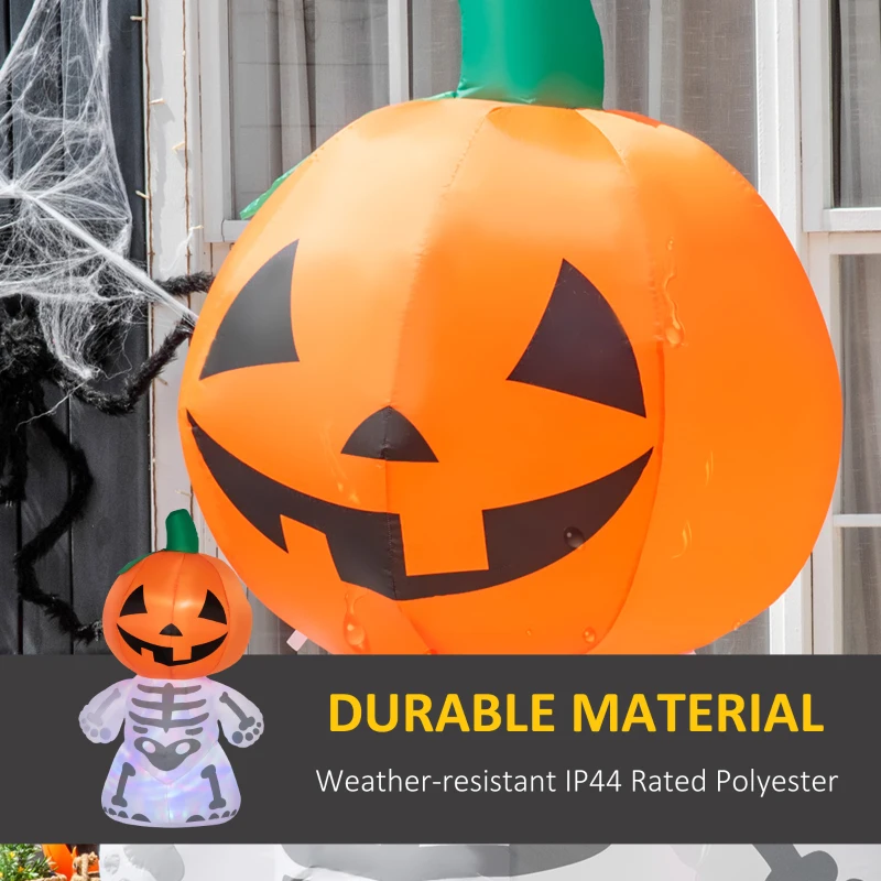 HOMCOM 6ft Halloween Inflatables Outdoor Decorations, Smiling Skeleton Ghost with Pumpkin Head, Blow Up LED Yard Decor for Garden, Lawn, Party, Holiday, Waterproof