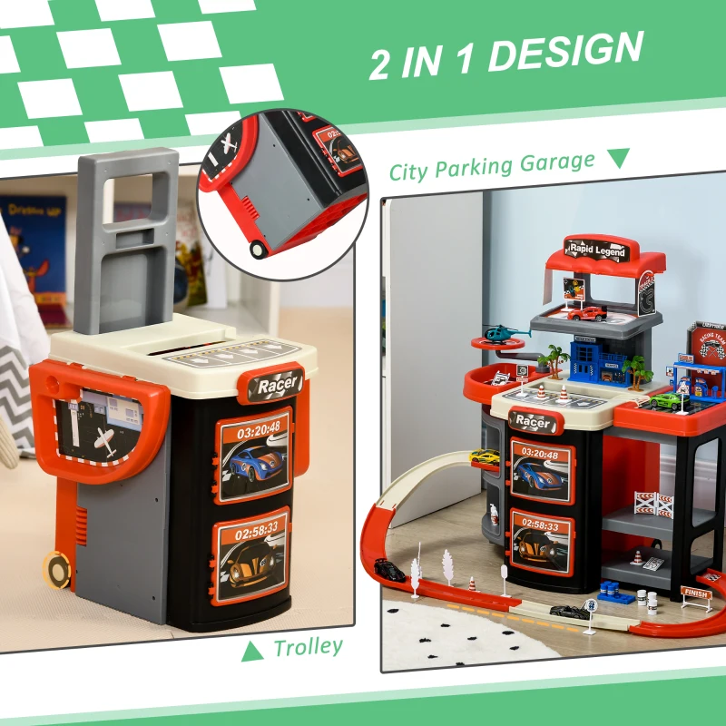 Qaba City Garage Playset with 65 Accessories, 2 in 1 Design Children Trolley, Car Ramp Toy Set with 6 Mini Racer Cars, Gifts for Kids Ages 3-6 Years Old