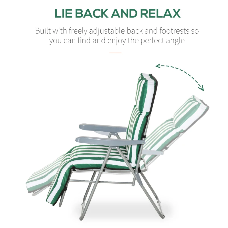 Outsunny Set of 2 Garden Sun Lounger, Outdoor Reclining Seat Cushioned Seat, Foldable Adjustable Recliner, White and Green