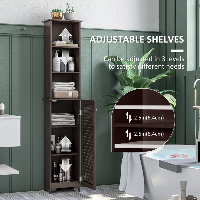 HOMCOM Tall Bathroom Storage Cabinet, Freestanding Linen Tower with 3-Tier Open Adjustable Shelf, Dark Brown