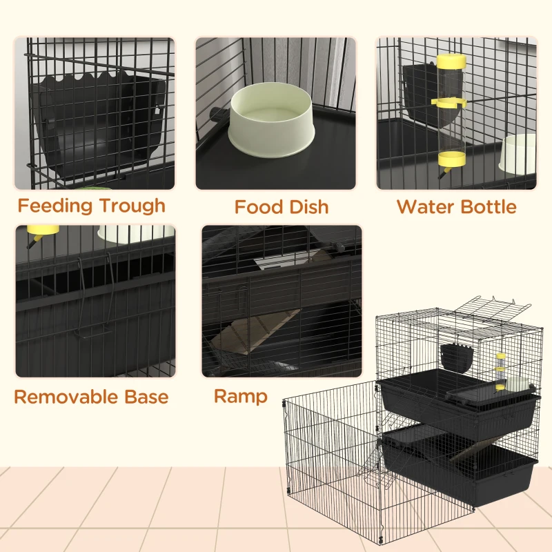 PawHut Small Animal Cage with Playpen, Multi-level Pet Habitat Indoor for Guinea Pigs Hedgehogs Bunnies with Accessories, Water Bottle, Food Dish, Feeding Trough