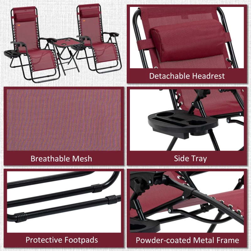 Outsunny Zero Gravity Chair Set with Side Table, Folding Reclining Chair with Cupholders & Pillows, Adjustable Lounge Chairs for Pool, Backyard, Lawn, Beach, Wine Red