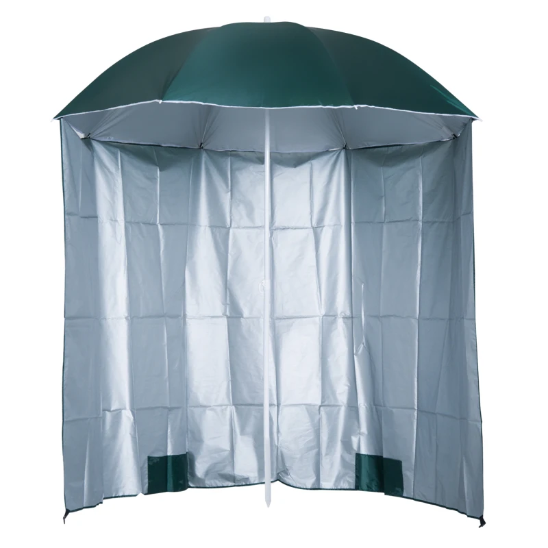 Outsunny Arc. 7ft Fishing Umbrella Beach Parasol with Sides Brolly Shelter Canopy Shade with Carry Bag Dark Green