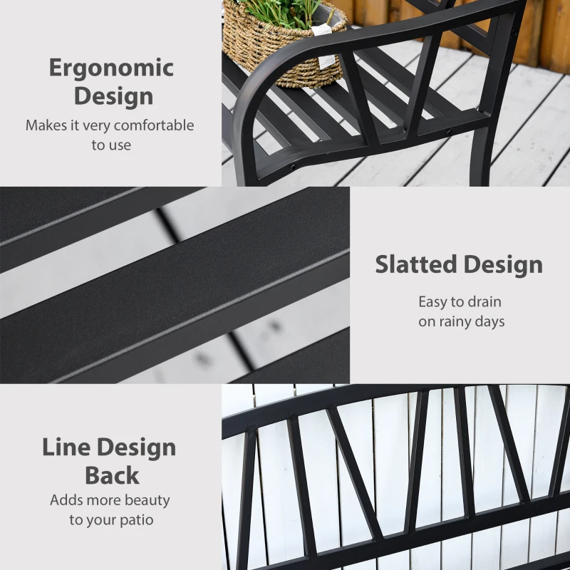 Outsunny 50" Outdoor Bench, Metal Garden Bench with V-Shaped Pattern Backrest, Porch Bench with Slatted Seat for Park, Yard, Lawn, Black