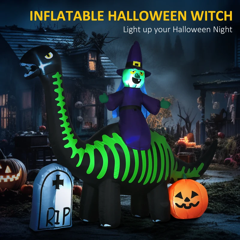 HOMCOM 8' Halloween Inflatable Dinosaur W/ Witch Tombstone Pumpkin