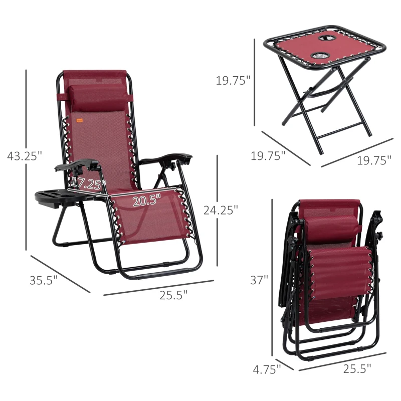 Outsunny Zero Gravity Chair Set with Side Table, Folding Reclining Chair with Cupholders & Pillows, Adjustable Lounge Chairs for Pool, Backyard, Lawn, Beach, Wine Red
