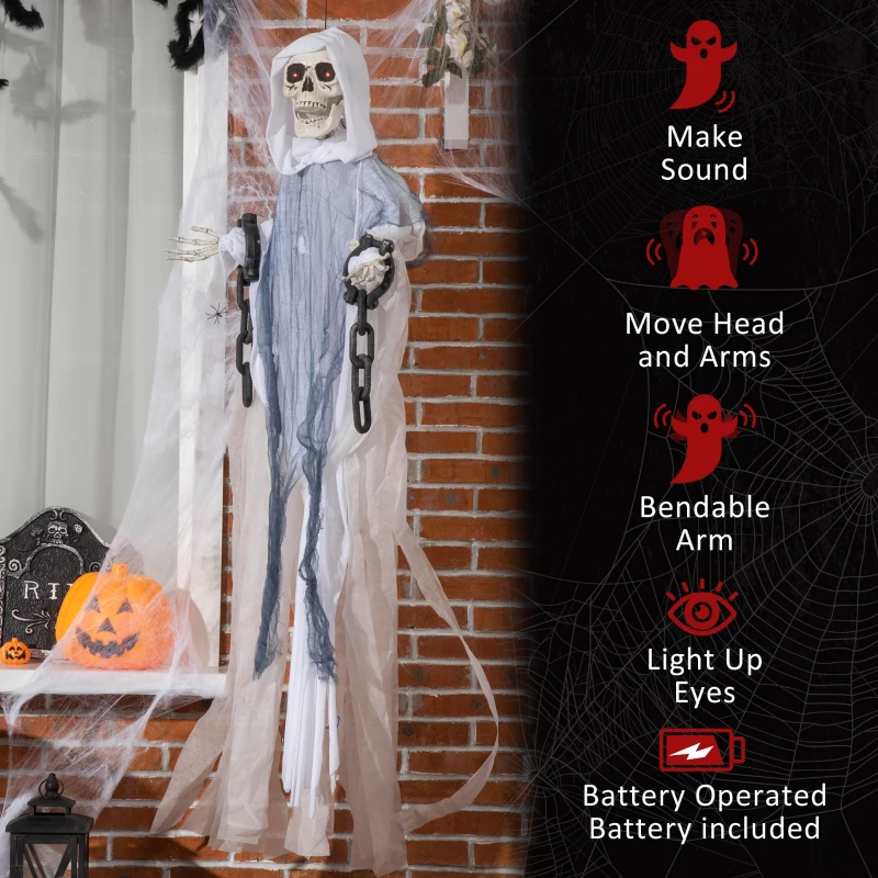 Outsunny 60" Life Size Outdoor Halloween Decorations Hanging Grim Reaper in White Robe, Animated Prop with Sound and Motion Activated Light Up Eyes, Howling and Chain Sound