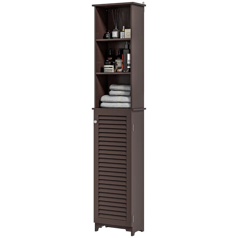 HOMCOM Tall Bathroom Storage Cabinet, Freestanding Linen Tower with 3-Tier Open Adjustable Shelf, Dark Brown