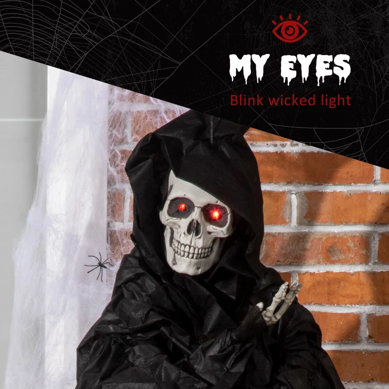 Outsunny 45" Outdoor Halloween Decorations Hanging Grim Reaper in Black Robe, Festival Animated Prop Décor with Sound and Motion Activated, Light Up Eyes