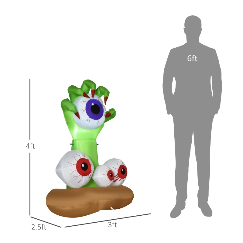 HOMCOM 4ft Halloween Inflatables Outdoor Decorations Monster Hand Grasping Bloodshot Eyeballs, Blow Up LED Yard Decor for Garden, Lawn, Party, Holiday, Waterproof