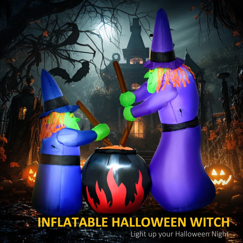 HOMCOM 6' Halloween Inflatables Outdoor Decorations Witches With Cauldron LED Light, Blow Up LED Yard Decor for Garden, Lawn, Party, Holiday