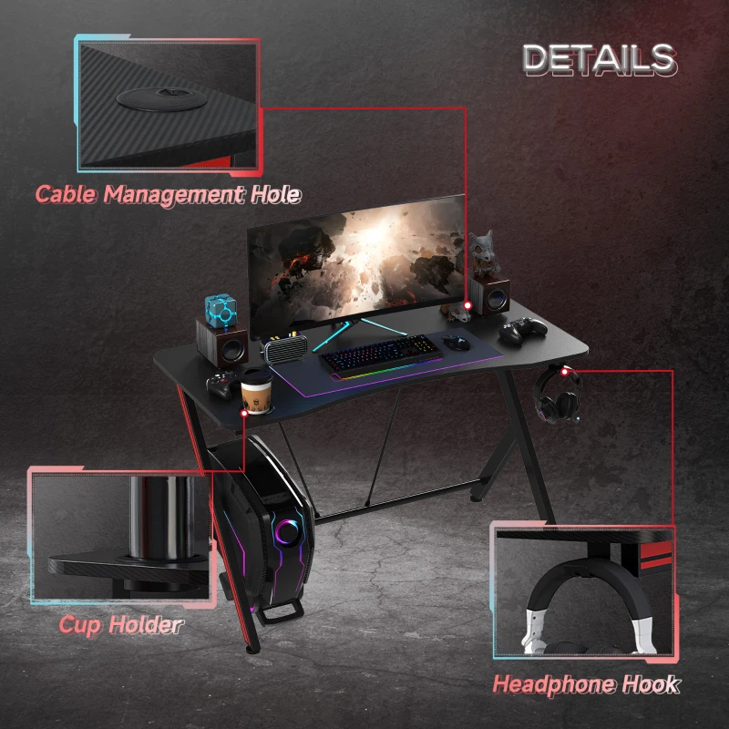 HOMCOM 47 inch Gaming Computer Desk, Home Office Gamer Table Workstation with Cup Holder, Headphone Hook, Cable Management, Carbon Fiber Surface