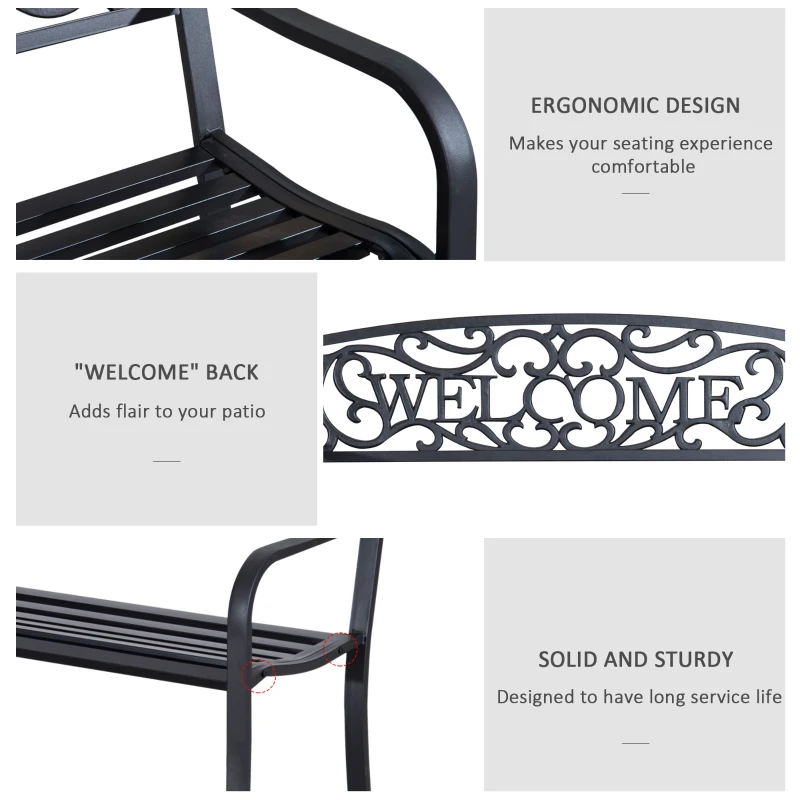 Outsunny 50" 2-Seater Garden Bench, Patio Decorative Chair Metal Backyard Loveseat Outdoor Furniture for Yard, Lawn, Porch, Black