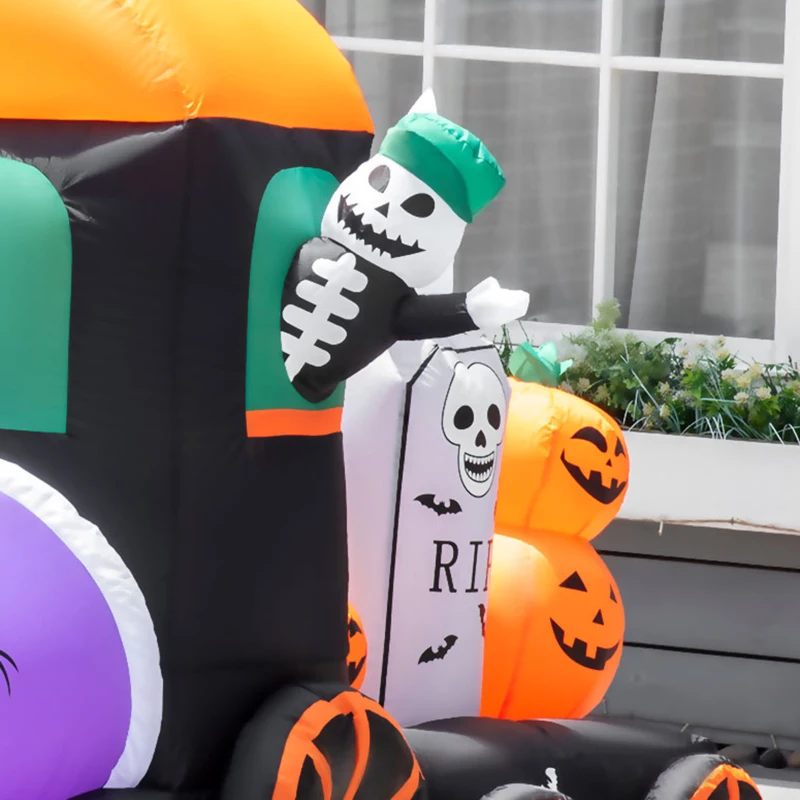 HOMCOM 8' Inflatable Halloween Spooky Train with Skeleton and Graveyard, Blow Up Outdoor LED Yard Display, Waterproof