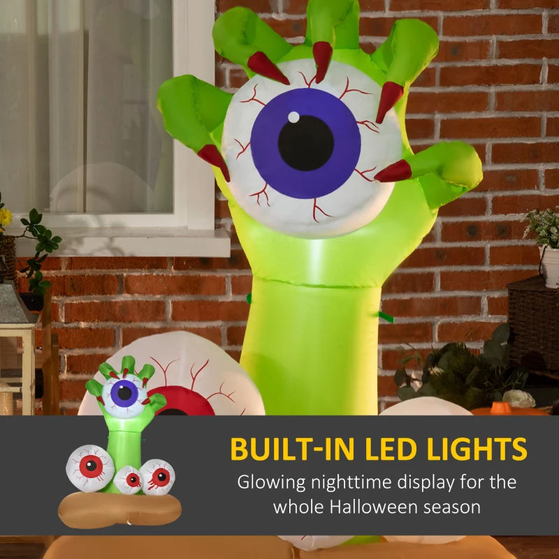 HOMCOM 4ft Halloween Inflatables Outdoor Decorations Monster Hand Grasping Bloodshot Eyeballs, Blow Up LED Yard Decor for Garden, Lawn, Party, Holiday, Waterproof