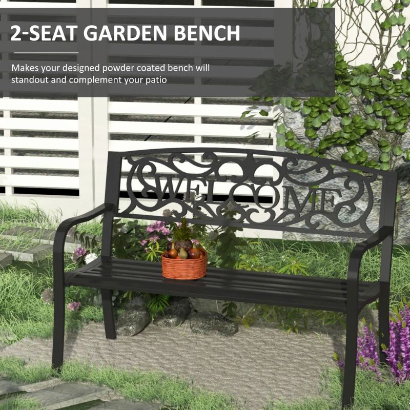Outsunny 50" 2-Seater Garden Bench, Patio Decorative Chair Metal Backyard Loveseat Outdoor Furniture for Yard, Lawn, Porch, Black