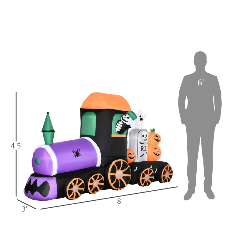 HOMCOM 8' Inflatable Halloween Spooky Train with Skeleton and Graveyard, Blow Up Outdoor LED Yard Display, Waterproof