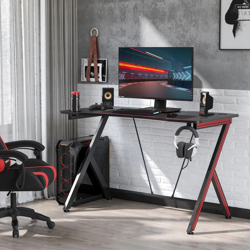 HOMCOM 47 inch Gaming Computer Desk, Home Office Gamer Table Workstation with Cup Holder, Headphone Hook, Cable Management, Carbon Fiber Surface