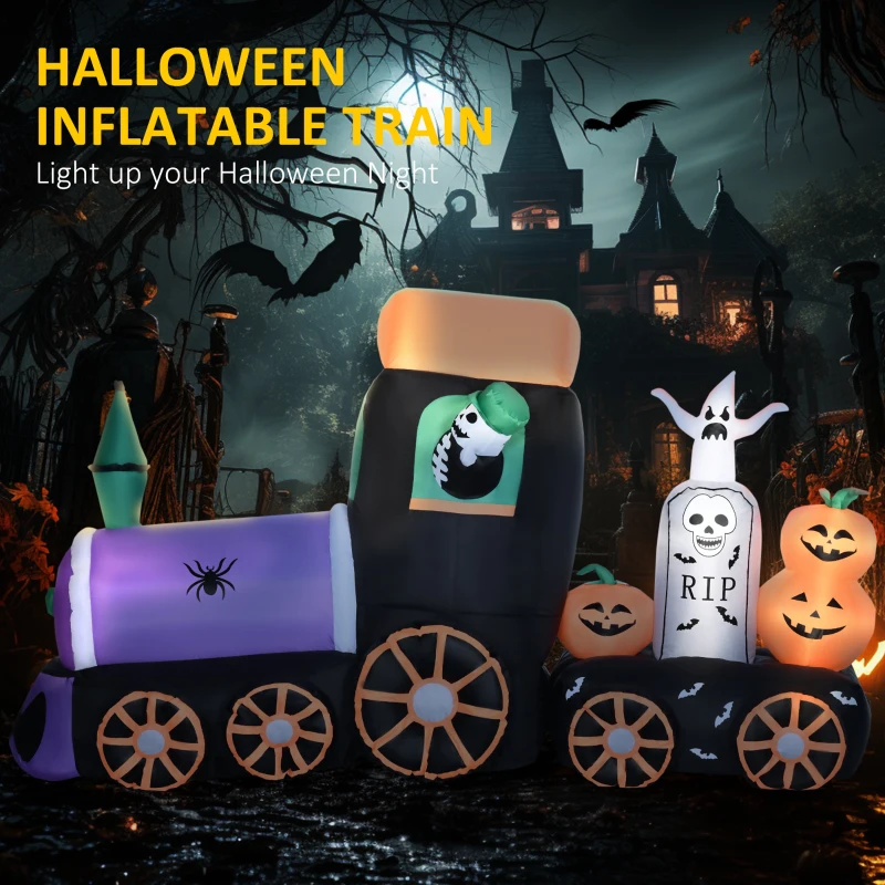 HOMCOM 8' Inflatable Halloween Spooky Train with Skeleton and Graveyard, Blow Up Outdoor LED Yard Display, Waterproof